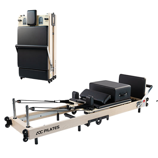 Wooden Pilates Reformer Foldable Maple Frame with 3 Adjustable Settings, 660lbs Capacity, 12 Tension Levels, Reformer Box, Jump Board,Home Gym Yoga Equipment for Full-Body Workouts