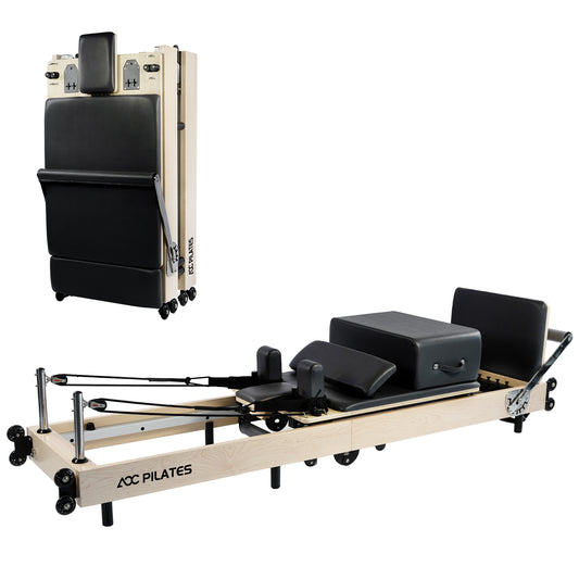 Pilates Reformer Foldable Wood Maple Frame with 6 durable springs, 3-Height Pulley Riser,Reformer Box,Padded Jump Board,660lbs Capacity,Home Gym Yoga Equipment for Full-Body Workouts