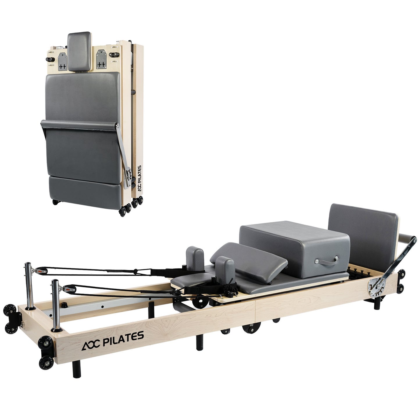 Pilates Reformer Foldable Wood Maple Frame with 6 durable springs, 3-Height Pulley Riser,Reformer Box,Padded Jump Board,660lbs Capacity,Home Gym Yoga Equipment for Full-Body Workouts