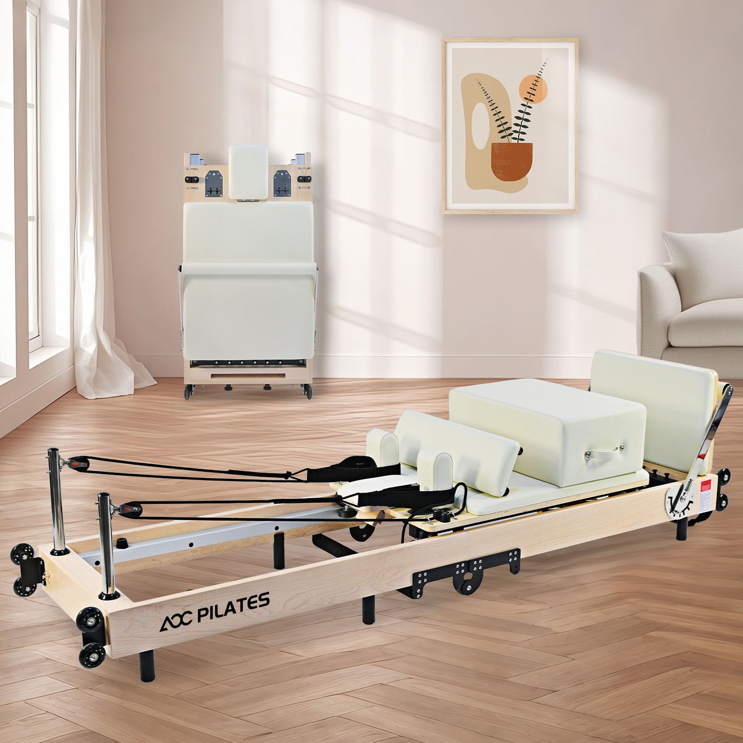 Wooden Pilates Reformer Foldable Maple Frame with 3 Adjustable Settings, 660lbs Capacity, 12 Tension Levels, Reformer Box, Jump Board,Home Gym Yoga Equipment for Full-Body Workouts