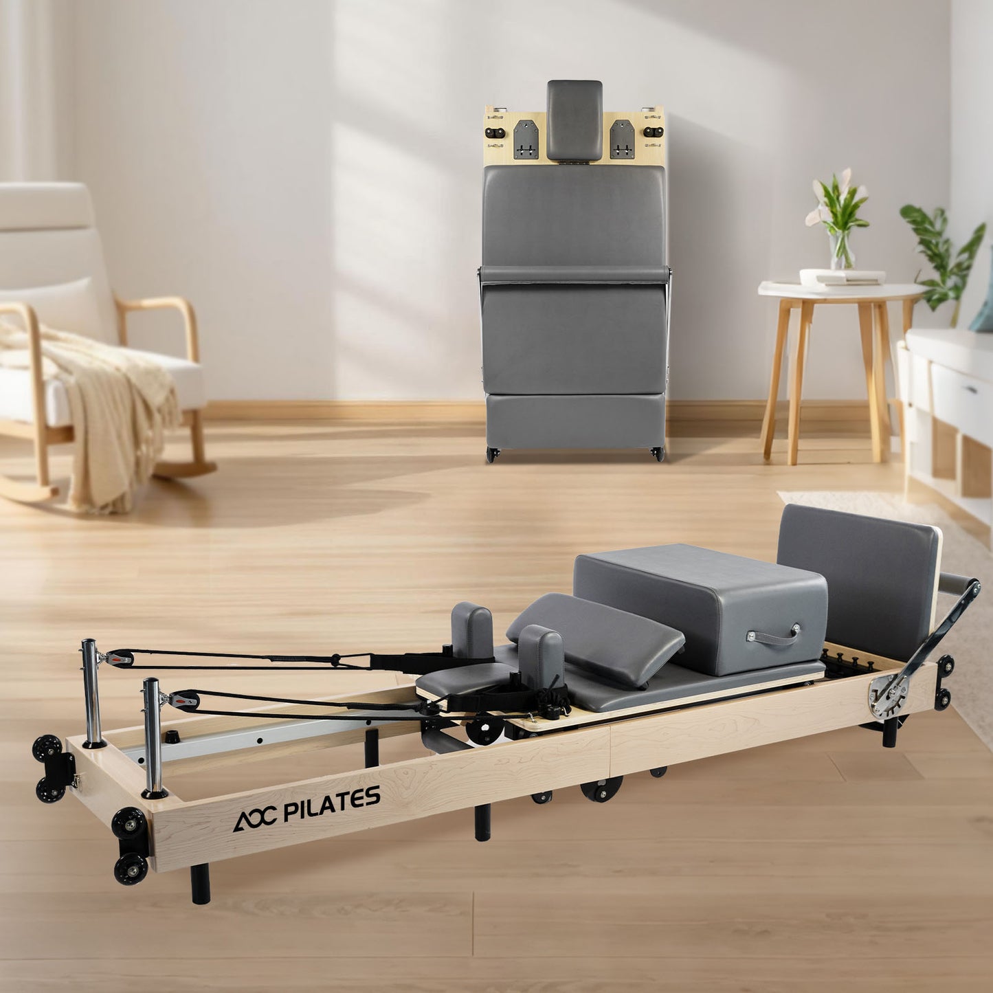 Pilates Reformer Foldable Wood Maple Frame with 6 durable springs, 3-Height Pulley Riser,Reformer Box,Padded Jump Board,660lbs Capacity,Home Gym Yoga Equipment for Full-Body Workouts