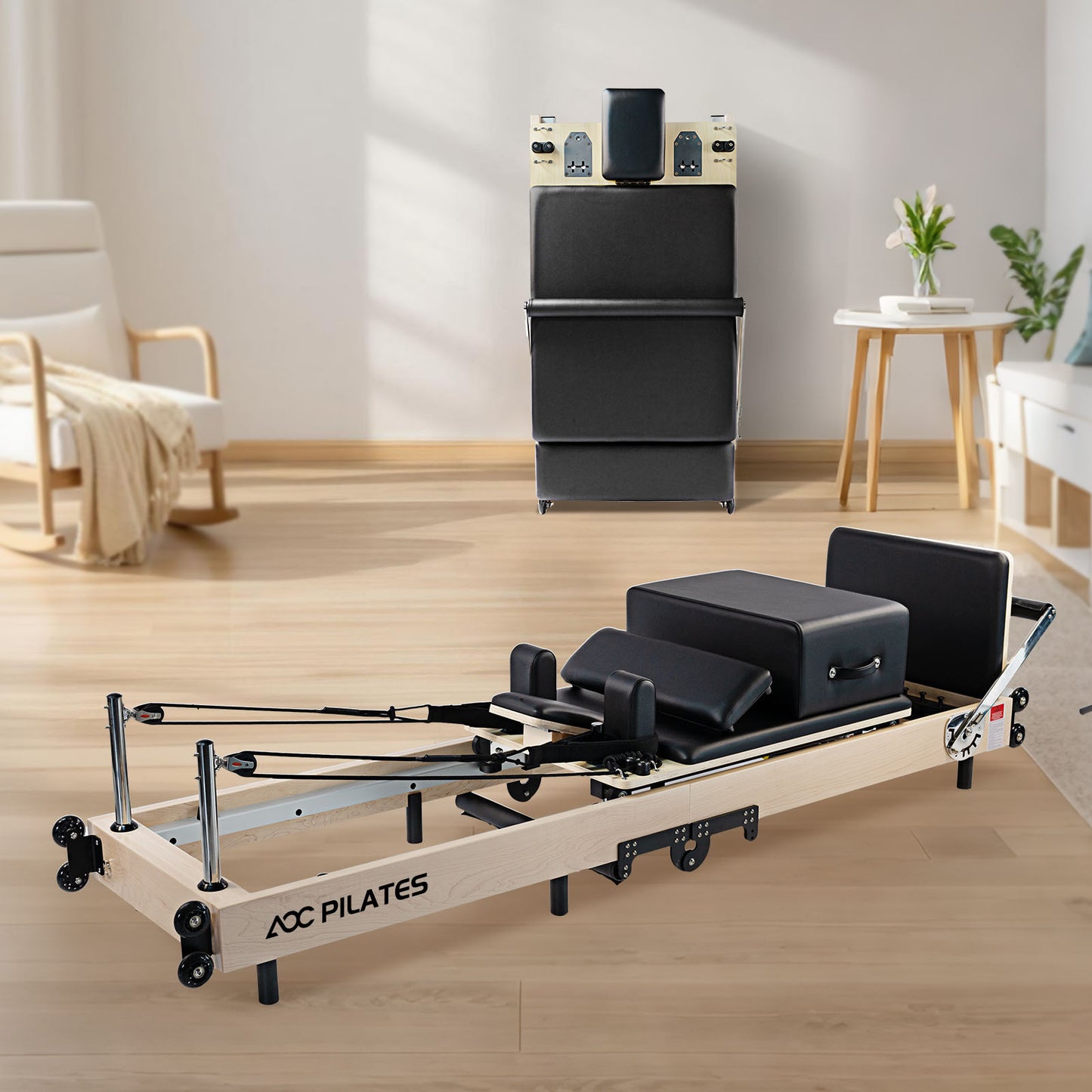 Wooden Pilates Reformer Foldable Maple Frame with 3 Adjustable Settings, 660lbs Capacity, 12 Tension Levels, Reformer Box, Jump Board,Home Gym Yoga Equipment for Full-Body Workouts