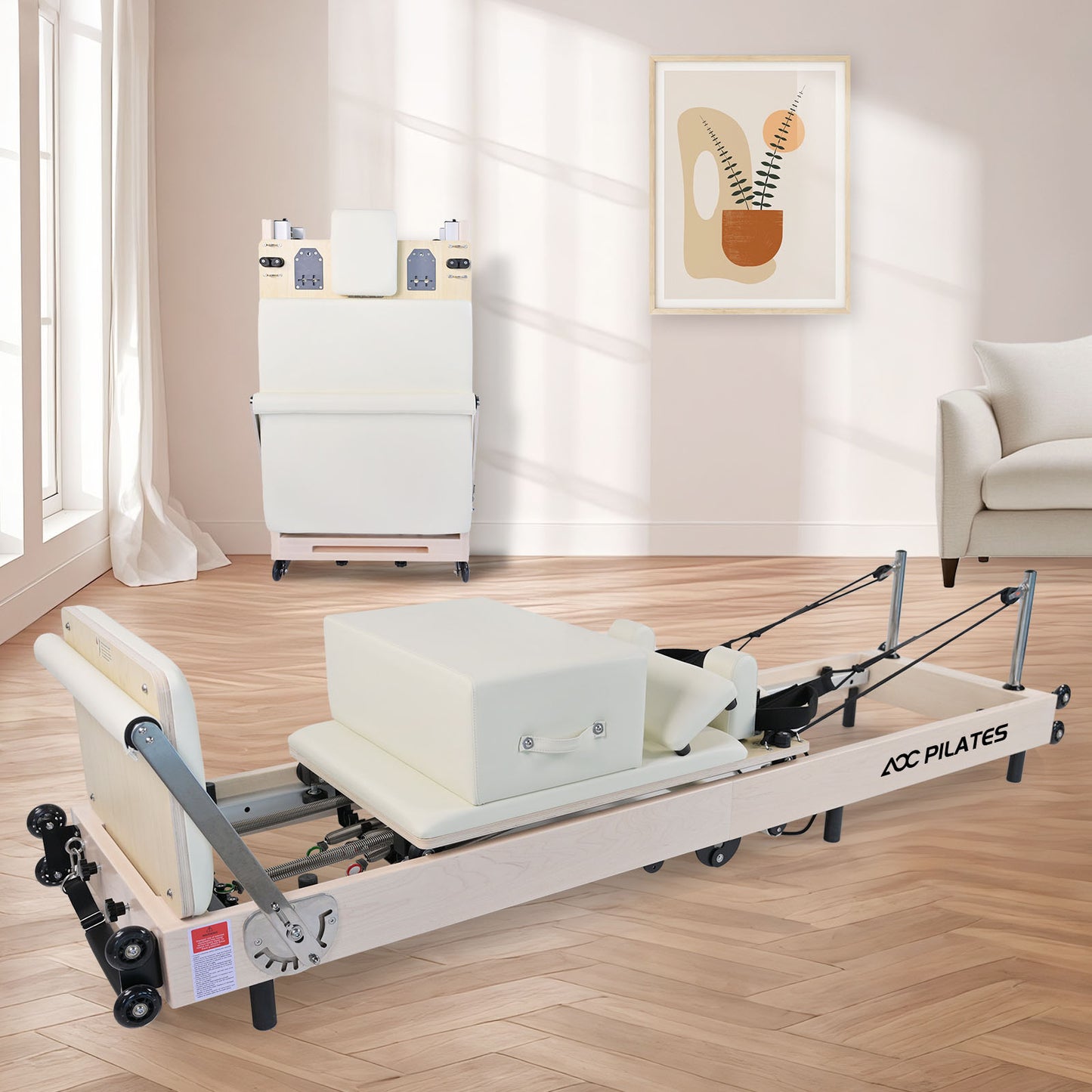Pilates Reformer Foldable Wood Maple Frame with 6 durable springs, 3-Height Pulley Riser,Reformer Box,Padded Jump Board,660lbs Capacity,Home Gym Yoga Equipment for Full-Body Workouts