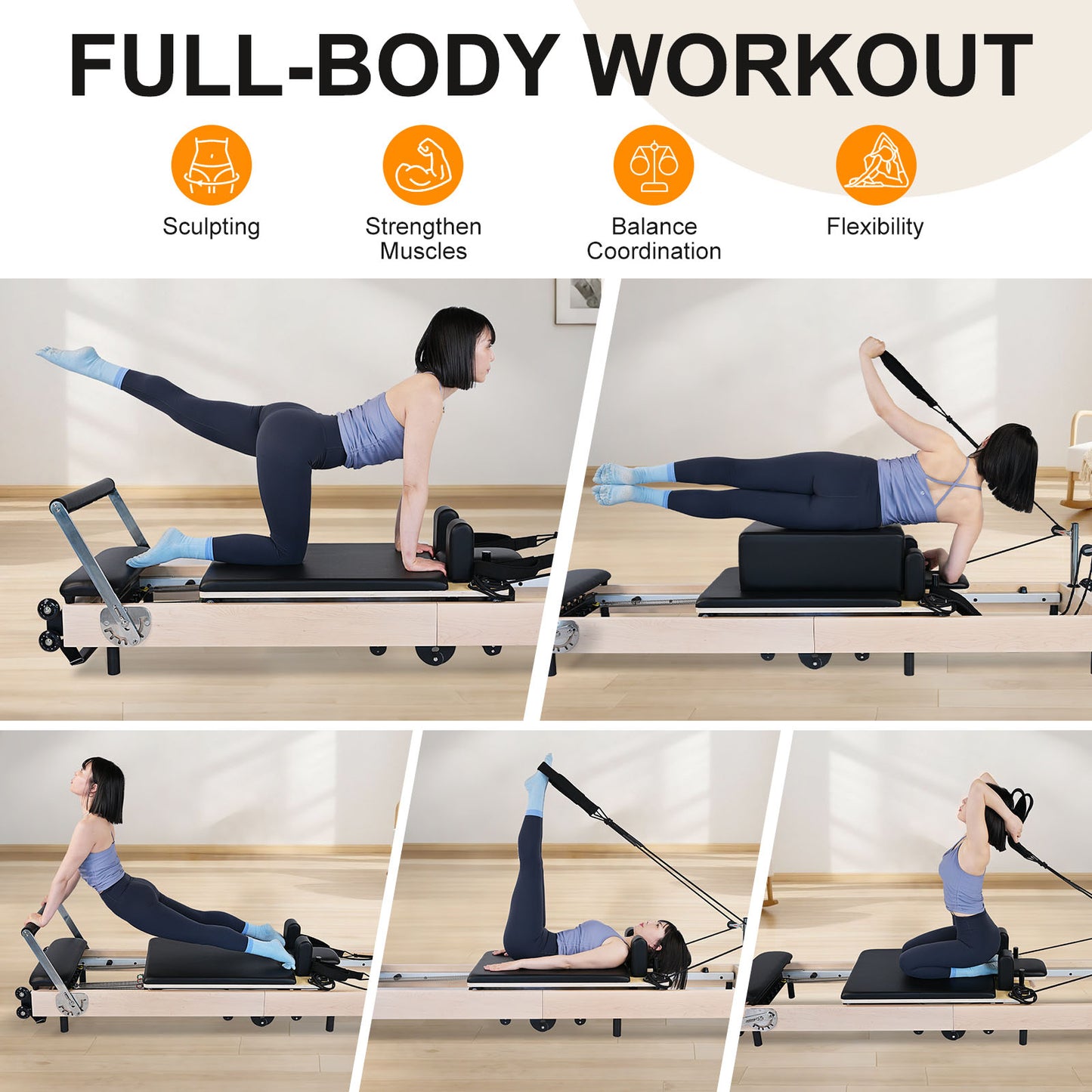 Pilates Reformer Foldable Wood Maple Frame with 6 durable springs, 3-Height Pulley Riser,Reformer Box,Padded Jump Board,660lbs Capacity,Home Gym Yoga Equipment for Full-Body Workouts