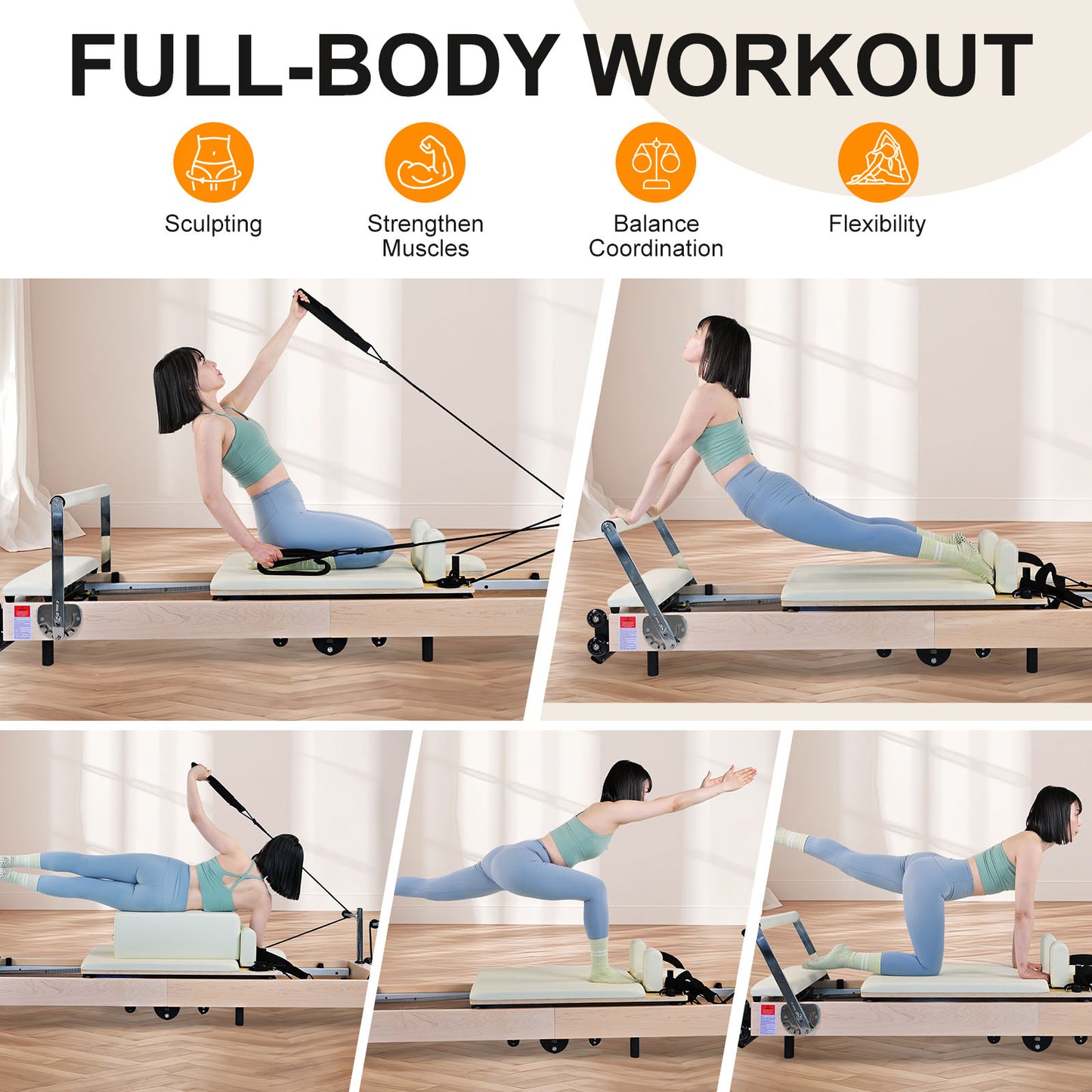 Pilates Reformer Foldable Wood Maple Frame with 6 durable springs, 3-Height Pulley Riser,Reformer Box,Padded Jump Board,660lbs Capacity,Home Gym Yoga Equipment for Full-Body Workouts