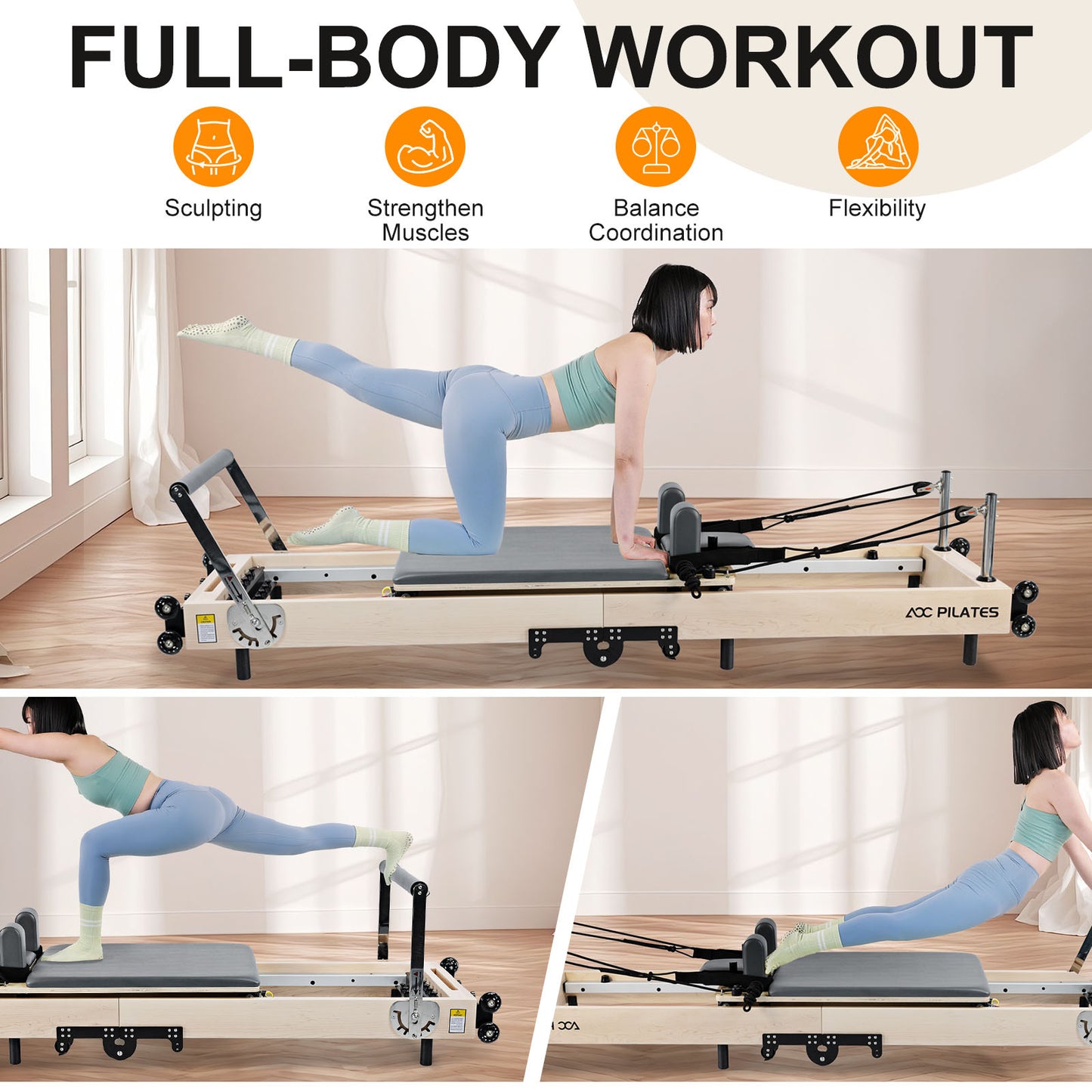 Wooden Pilates Reformer Foldable Maple Frame with 3 Adjustable Settings, 660lbs Capacity, 12 Tension Levels, Reformer Box, Jump Board,Home Gym Yoga Equipment for Full-Body Workouts
