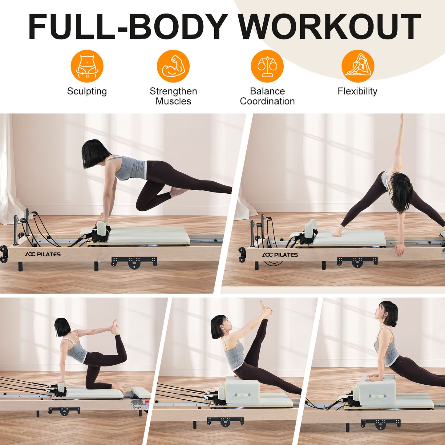 Wooden Pilates Reformer Foldable Maple Frame with 3 Adjustable Settings, 660lbs Capacity, 12 Tension Levels, Reformer Box, Jump Board,Home Gym Yoga Equipment for Full-Body Workouts