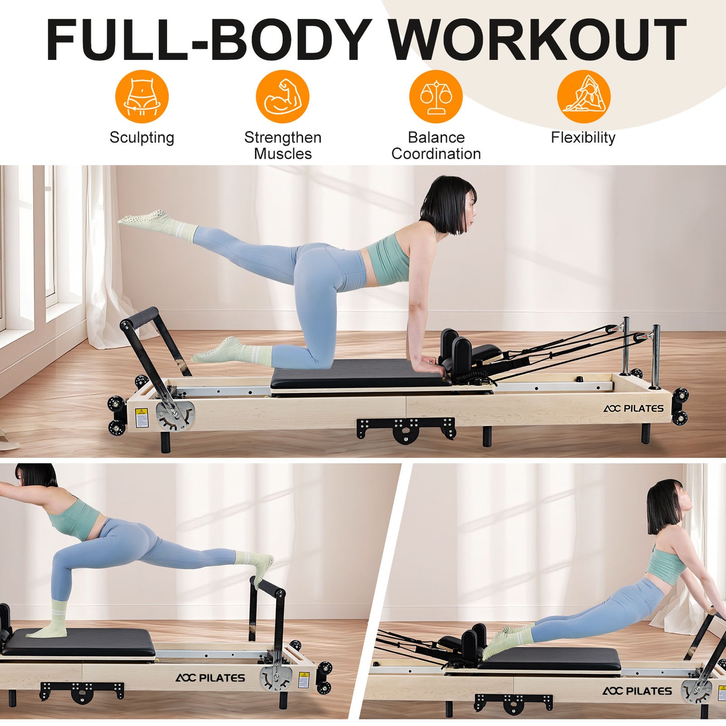 Wooden Pilates Reformer Foldable Maple Frame with 3 Adjustable Settings, 660lbs Capacity, 12 Tension Levels, Reformer Box, Jump Board,Home Gym Yoga Equipment for Full-Body Workouts