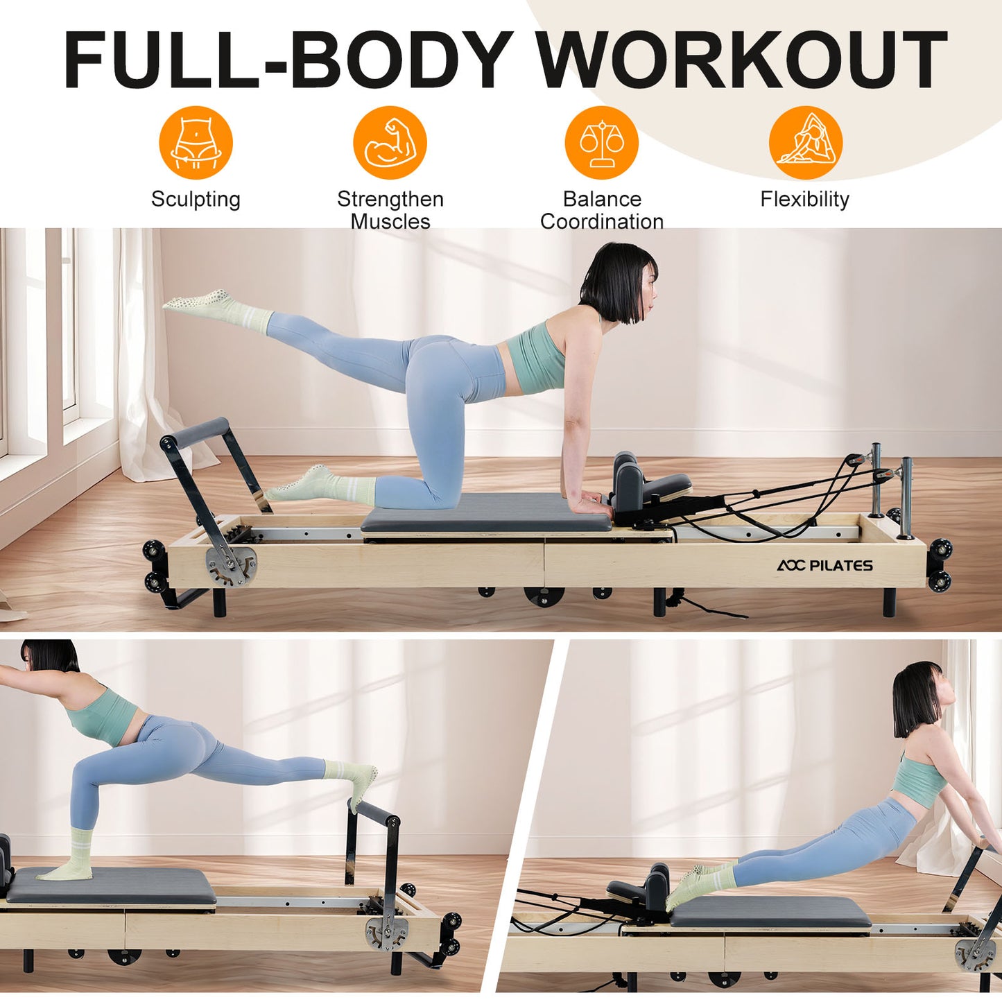 Pilates Reformer Foldable Wood Maple Frame with 6 durable springs, 3-Height Pulley Riser,Reformer Box,Padded Jump Board,660lbs Capacity,Home Gym Yoga Equipment for Full-Body Workouts