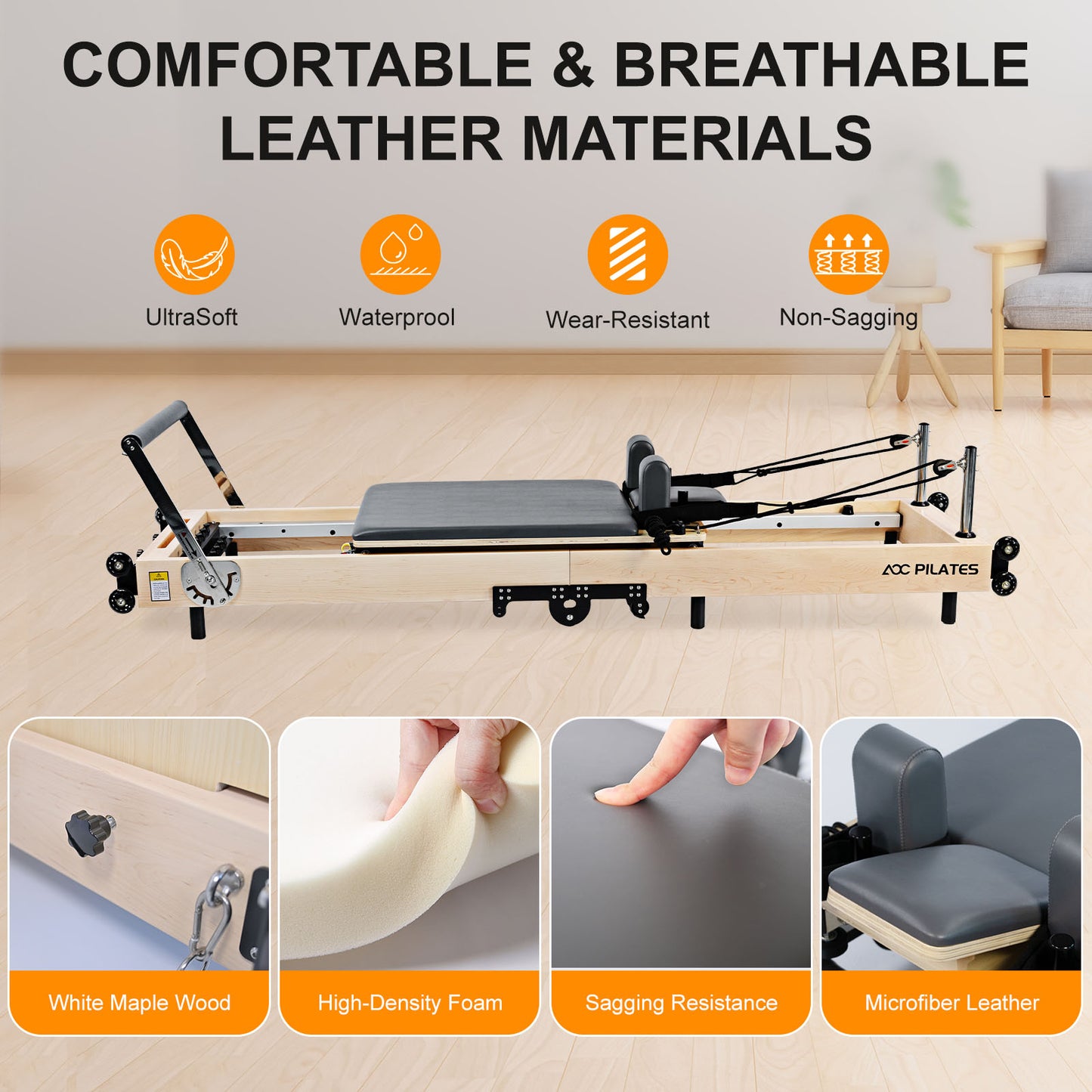 Wooden Pilates Reformer Foldable Maple Frame with 3 Adjustable Settings, 660lbs Capacity, 12 Tension Levels, Reformer Box, Jump Board,Home Gym Yoga Equipment for Full-Body Workouts