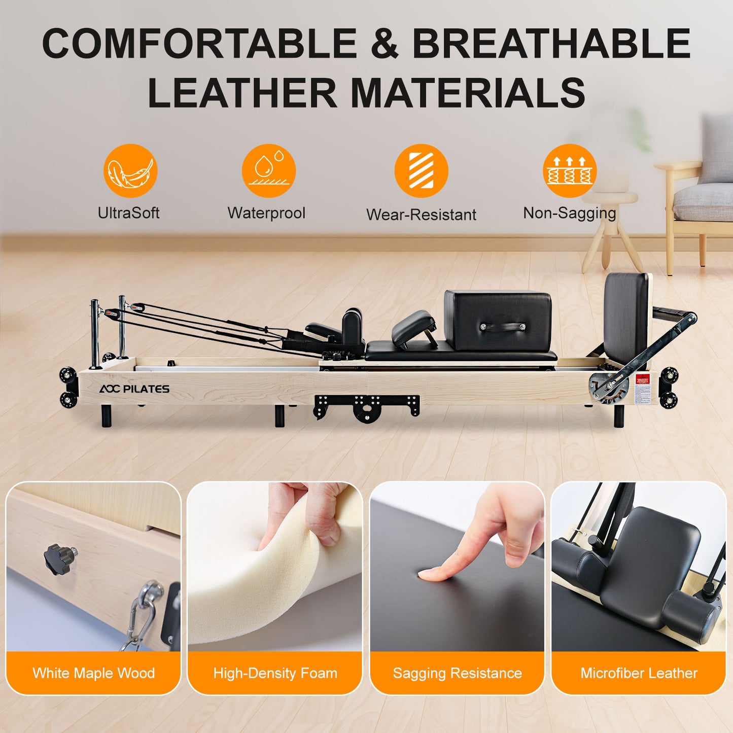 Wooden Pilates Reformer Foldable Maple Frame with 3 Adjustable Settings, 660lbs Capacity, 12 Tension Levels, Reformer Box, Jump Board,Home Gym Yoga Equipment for Full-Body Workouts