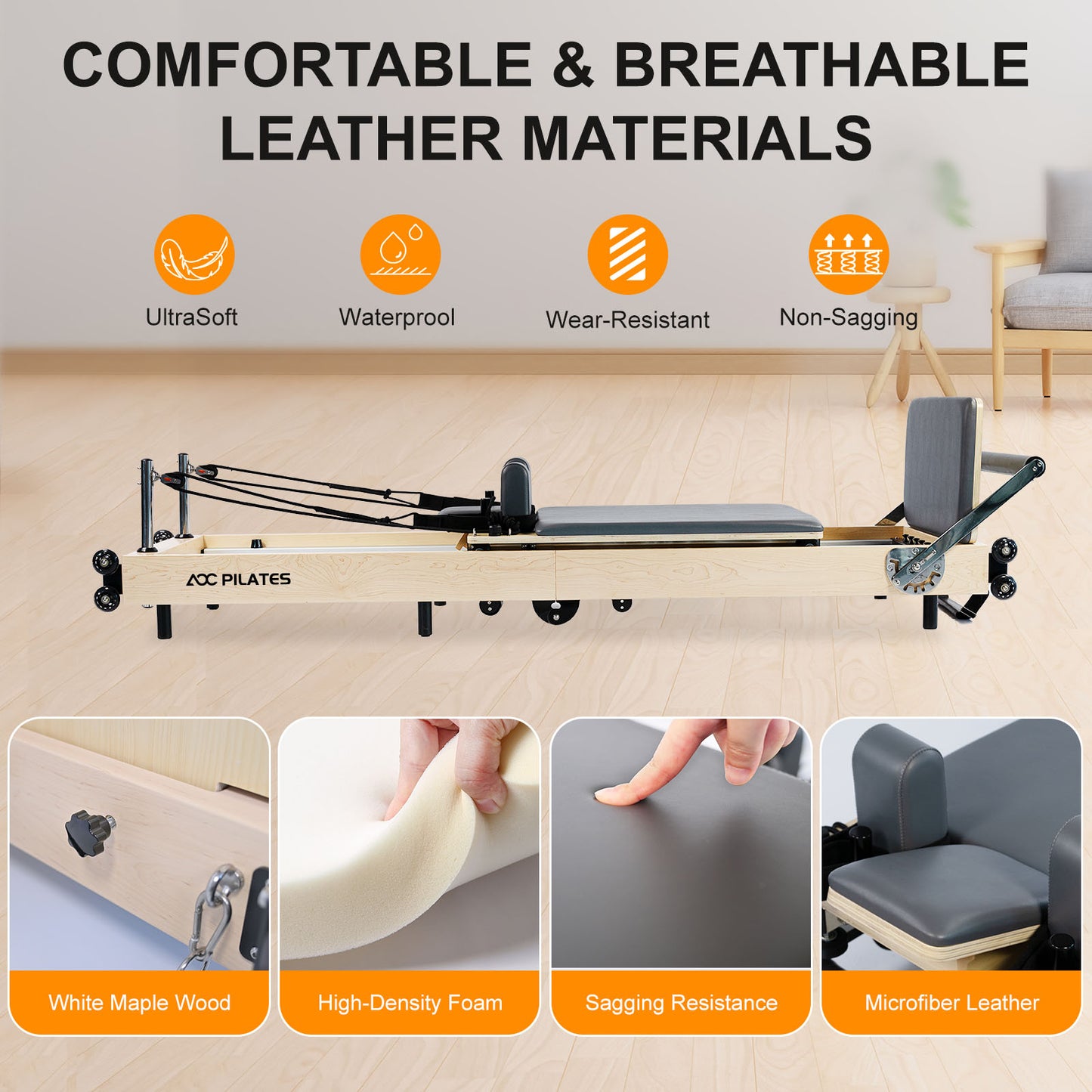 Pilates Reformer Foldable Wood Maple Frame with 6 durable springs, 3-Height Pulley Riser,Reformer Box,Padded Jump Board,660lbs Capacity,Home Gym Yoga Equipment for Full-Body Workouts