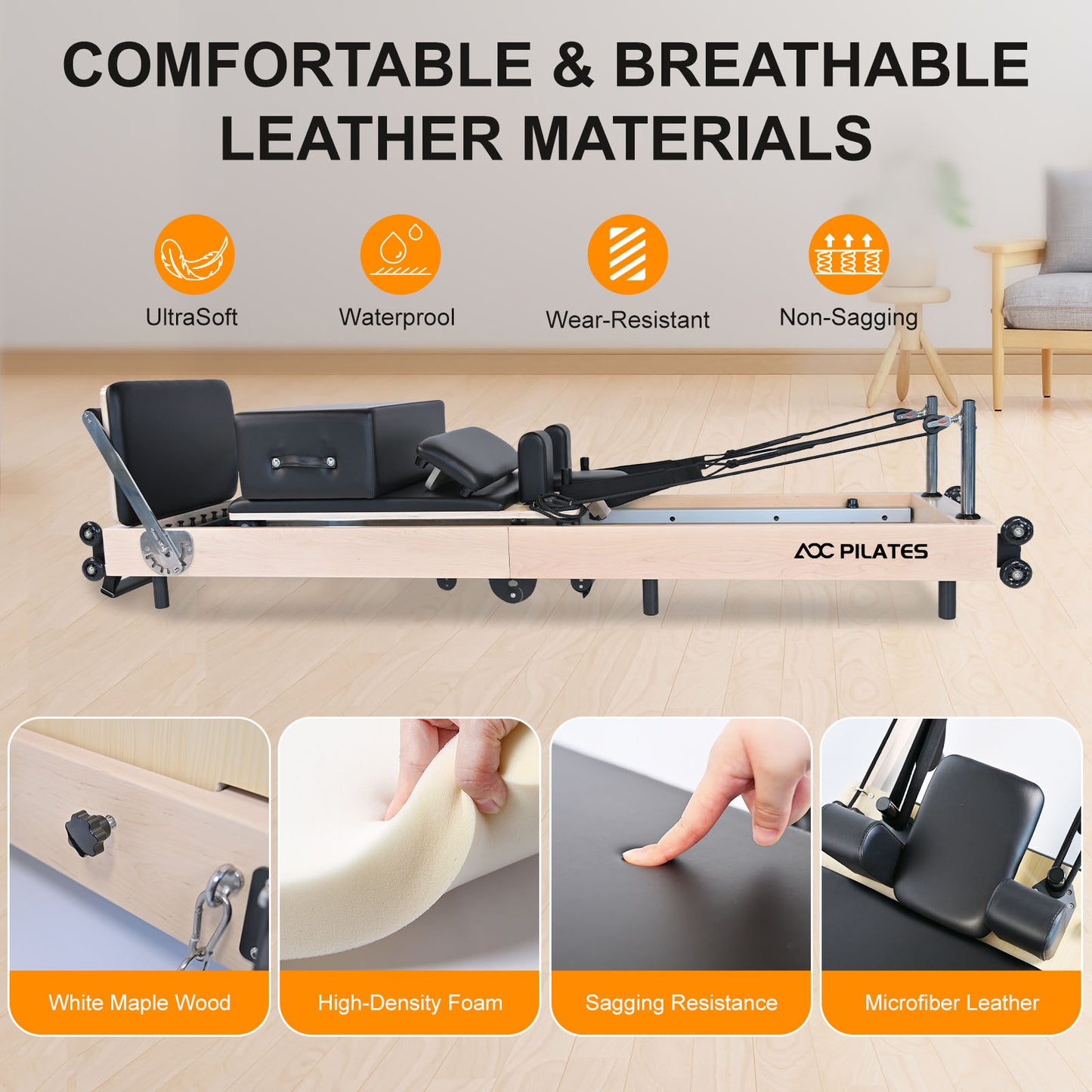 Pilates Reformer Foldable Wood Maple Frame with 6 durable springs, 3-Height Pulley Riser,Reformer Box,Padded Jump Board,660lbs Capacity,Home Gym Yoga Equipment for Full-Body Workouts