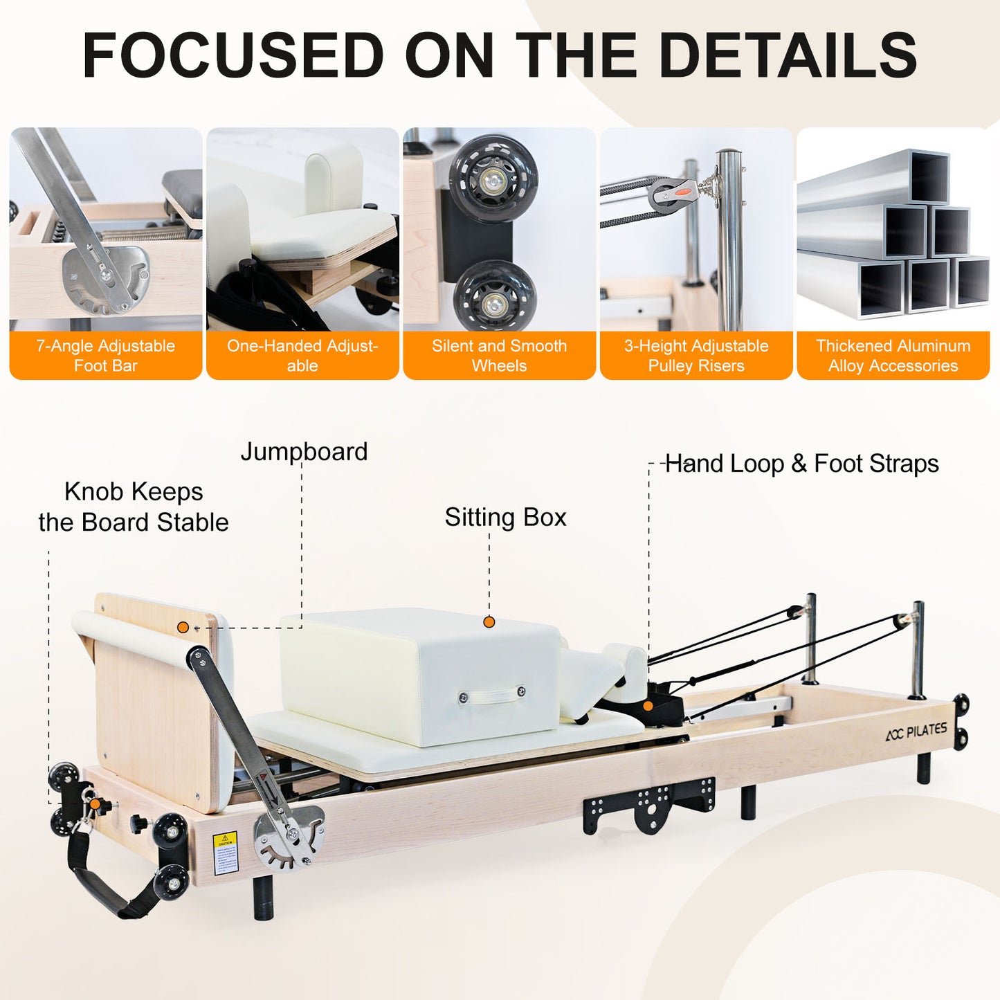 Wooden Pilates Reformer Foldable Maple Frame with 3 Adjustable Settings, 660lbs Capacity, 12 Tension Levels, Reformer Box, Jump Board,Home Gym Yoga Equipment for Full-Body Workouts