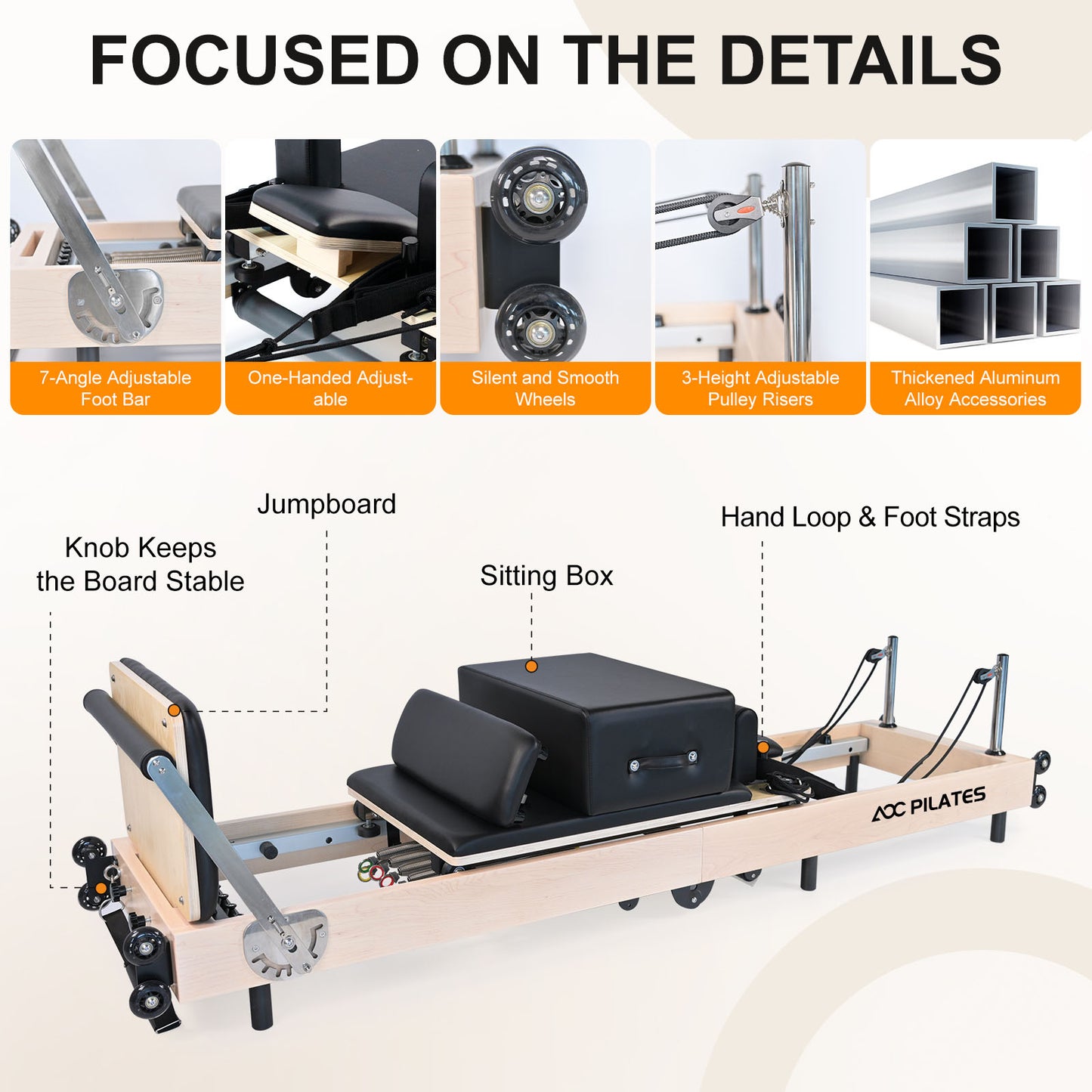 Pilates Reformer Foldable Wood Maple Frame with 6 durable springs, 3-Height Pulley Riser,Reformer Box,Padded Jump Board,660lbs Capacity,Home Gym Yoga Equipment for Full-Body Workouts
