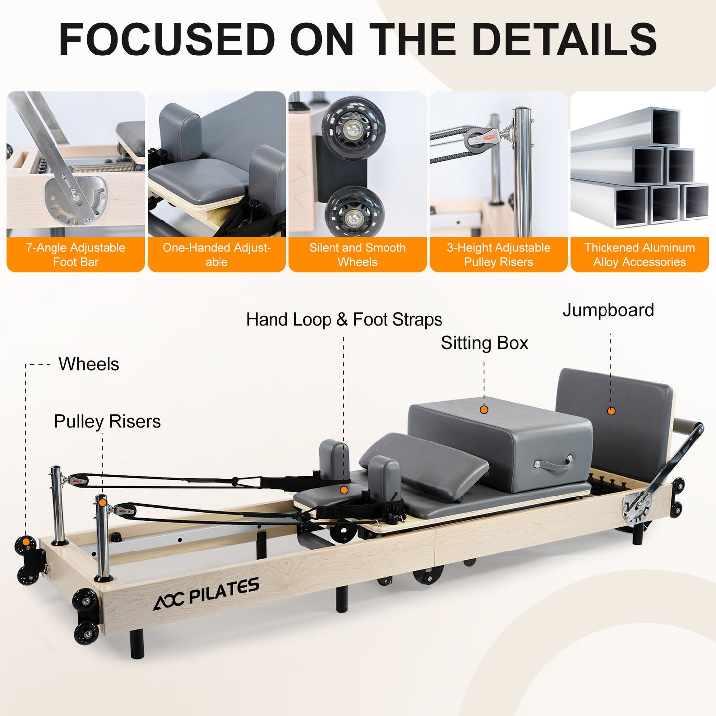 Pilates Reformer Foldable Wood Maple Frame with 6 durable springs, 3-Height Pulley Riser,Reformer Box,Padded Jump Board,660lbs Capacity,Home Gym Yoga Equipment for Full-Body Workouts