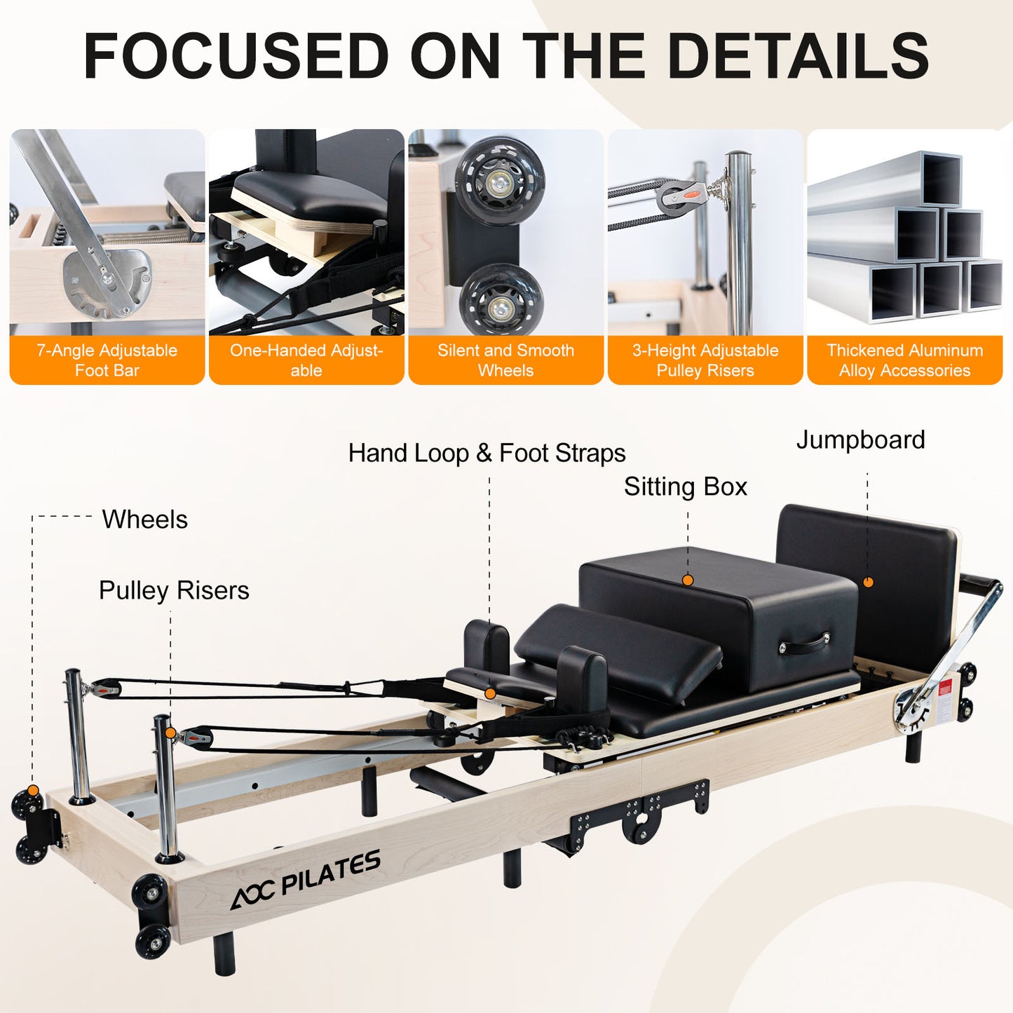 Wooden Pilates Reformer Foldable Maple Frame with 3 Adjustable Settings, 660lbs Capacity, 12 Tension Levels, Reformer Box, Jump Board,Home Gym Yoga Equipment for Full-Body Workouts