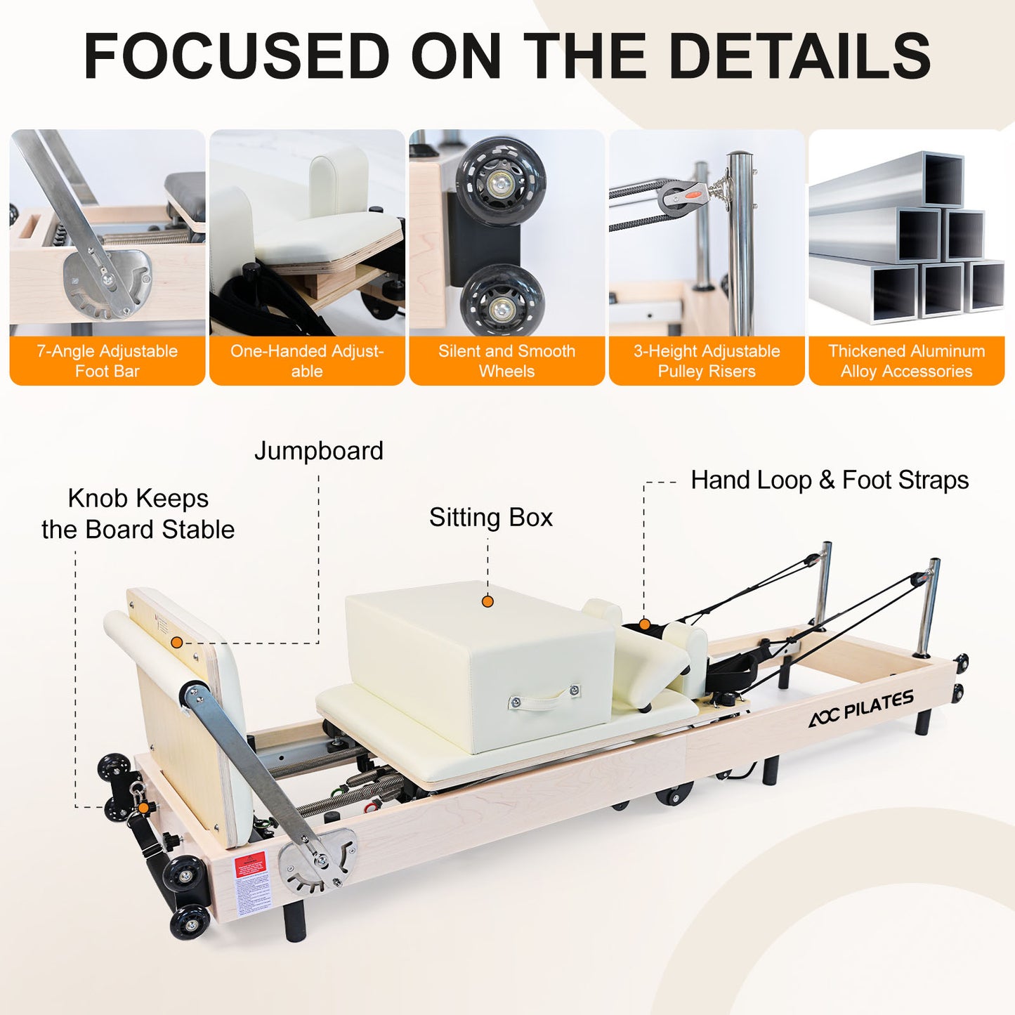 Pilates Reformer Foldable Wood Maple Frame with 6 durable springs, 3-Height Pulley Riser,Reformer Box,Padded Jump Board,660lbs Capacity,Home Gym Yoga Equipment for Full-Body Workouts