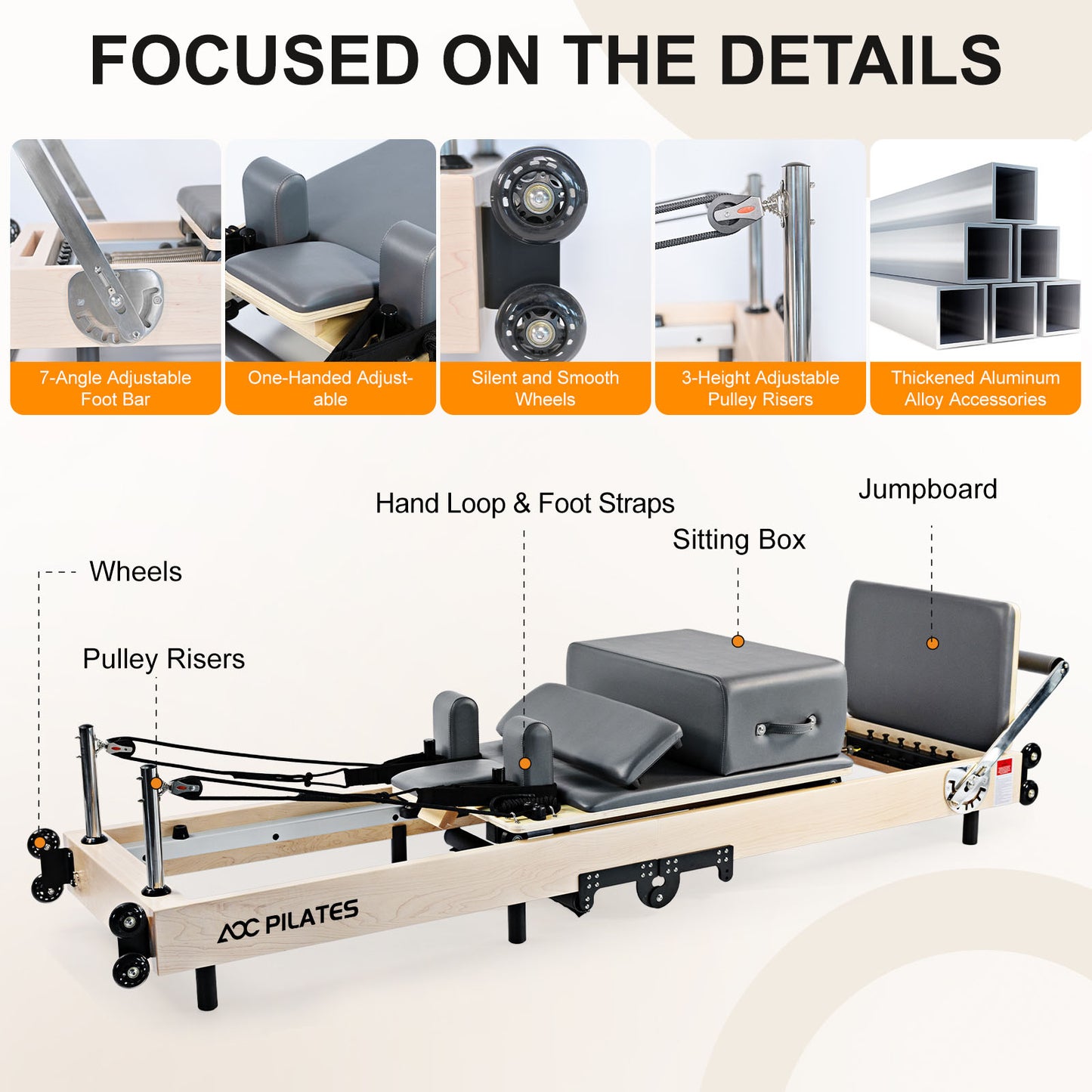 Wooden Pilates Reformer Foldable Maple Frame with 3 Adjustable Settings, 660lbs Capacity, 12 Tension Levels, Reformer Box, Jump Board,Home Gym Yoga Equipment for Full-Body Workouts