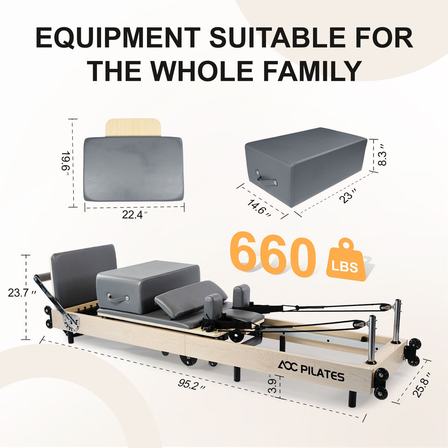Pilates Reformer Foldable Wood Maple Frame with 6 durable springs, 3-Height Pulley Riser,Reformer Box,Padded Jump Board,660lbs Capacity,Home Gym Yoga Equipment for Full-Body Workouts