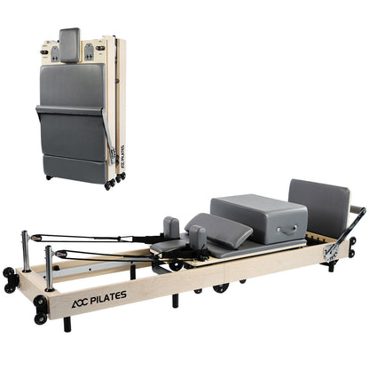 Pilates Reformer Foldable Wood Maple Frame with 6 durable springs, 3-Height Pulley Riser,Reformer Box,Padded Jump Board,660lbs Capacity,Home Gym Yoga Equipment for Full-Body Workouts