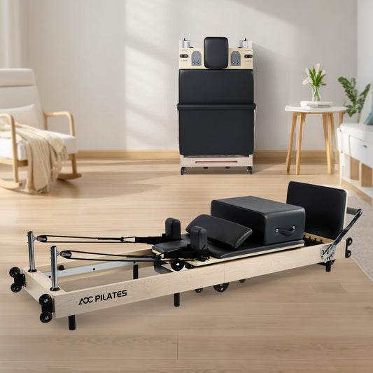 Pilates Reformer Foldable Wood Maple Frame with 6 durable springs, 3-Height Pulley Riser,Reformer Box,Padded Jump Board,660lbs Capacity,Home Gym Yoga Equipment for Full-Body Workouts
