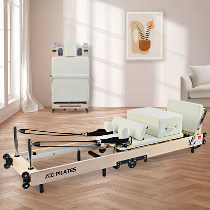 Wooden Pilates Reformer Foldable Maple Frame with 3 Adjustable Settings, 660lbs Capacity, 12 Tension Levels, Reformer Box, Jump Board,Home Gym Yoga Equipment for Full-Body Workouts