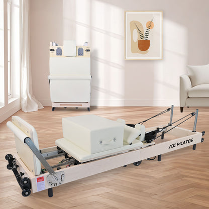 Pilates Reformer Foldable Wood Maple Frame with 6 durable springs, 3-Height Pulley Riser,Reformer Box,Padded Jump Board,660lbs Capacity,Home Gym Yoga Equipment for Full-Body Workouts