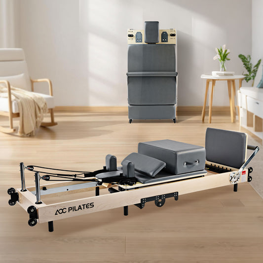 Wooden Pilates Reformer Foldable Maple Frame with 3 Adjustable Settings, 660lbs Capacity, 12 Tension Levels, Reformer Box, Jump Board,Home Gym Yoga Equipment for Full-Body Workouts