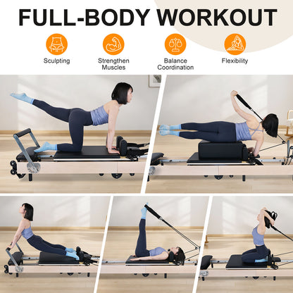 Pilates Reformer Foldable Wood Maple Frame with 6 durable springs, 3-Height Pulley Riser,Reformer Box,Padded Jump Board,660lbs Capacity,Home Gym Yoga Equipment for Full-Body Workouts