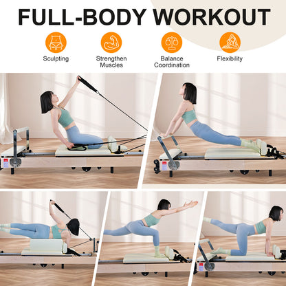 Pilates Reformer Foldable Wood Maple Frame with 6 durable springs, 3-Height Pulley Riser,Reformer Box,Padded Jump Board,660lbs Capacity,Home Gym Yoga Equipment for Full-Body Workouts