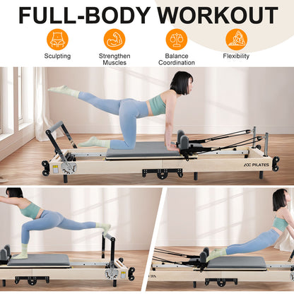 Wooden Pilates Reformer Foldable Maple Frame with 3 Adjustable Settings, 660lbs Capacity, 12 Tension Levels, Reformer Box, Jump Board,Home Gym Yoga Equipment for Full-Body Workouts