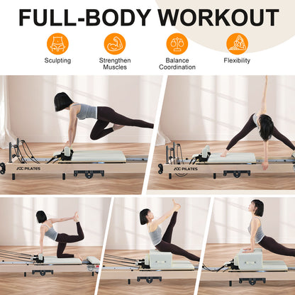 Wooden Pilates Reformer Foldable Maple Frame with 3 Adjustable Settings, 660lbs Capacity, 12 Tension Levels, Reformer Box, Jump Board,Home Gym Yoga Equipment for Full-Body Workouts