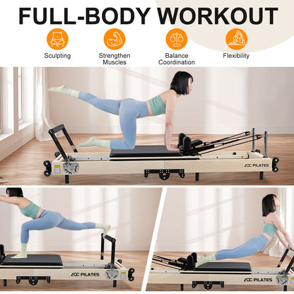 Wooden Pilates Reformer Foldable Maple Frame with 3 Adjustable Settings, 660lbs Capacity, 12 Tension Levels, Reformer Box, Jump Board,Home Gym Yoga Equipment for Full-Body Workouts