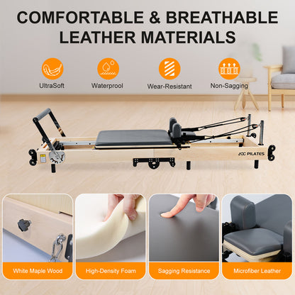 Wooden Pilates Reformer Foldable Maple Frame with 3 Adjustable Settings, 660lbs Capacity, 12 Tension Levels, Reformer Box, Jump Board,Home Gym Yoga Equipment for Full-Body Workouts