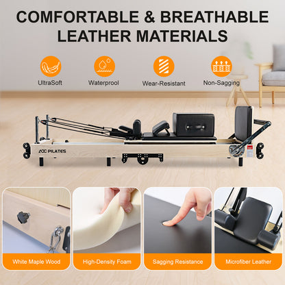 Wooden Pilates Reformer Foldable Maple Frame with 3 Adjustable Settings, 660lbs Capacity, 12 Tension Levels, Reformer Box, Jump Board,Home Gym Yoga Equipment for Full-Body Workouts