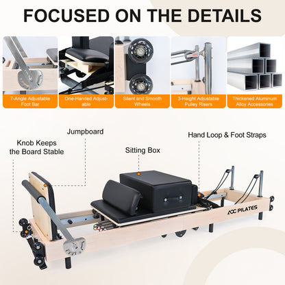 Pilates Reformer Foldable Wood Maple Frame with 6 durable springs, 3-Height Pulley Riser,Reformer Box,Padded Jump Board,660lbs Capacity,Home Gym Yoga Equipment for Full-Body Workouts