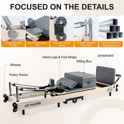 Wooden Pilates Reformer Foldable Maple Frame with 3 Adjustable Settings, 660lbs Capacity, 12 Tension Levels, Reformer Box, Jump Board,Home Gym Yoga Equipment for Full-Body Workouts