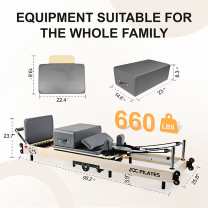 Wooden Pilates Reformer Foldable Maple Frame with 3 Adjustable Settings, 660lbs Capacity, 12 Tension Levels, Reformer Box, Jump Board,Home Gym Yoga Equipment for Full-Body Workouts