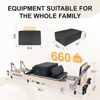 Pilates Reformer Foldable Wood Maple Frame with 6 durable springs, 3-Height Pulley Riser,Reformer Box,Padded Jump Board,660lbs Capacity,Home Gym Yoga Equipment for Full-Body Workouts