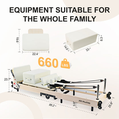 Wooden Pilates Reformer Foldable Maple Frame with 3 Adjustable Settings, 660lbs Capacity, 12 Tension Levels, Reformer Box, Jump Board,Home Gym Yoga Equipment for Full-Body Workouts